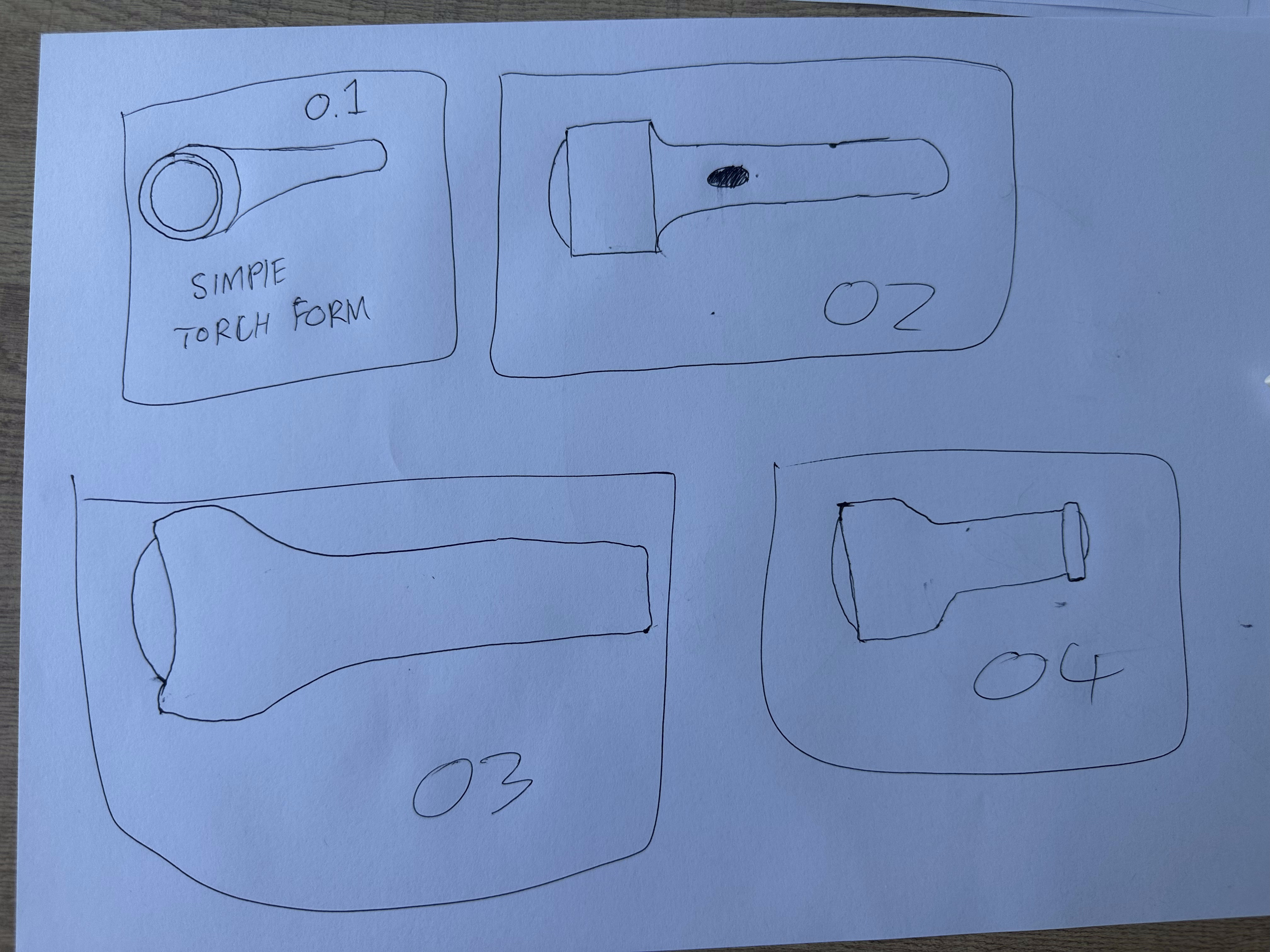 Four Muji-style torch concept sketches, numbered 01 to 04